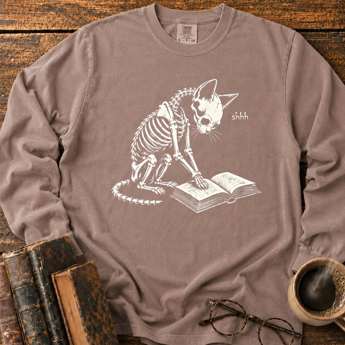 Shhh Skeleton Cat Reading LS T-Shirt