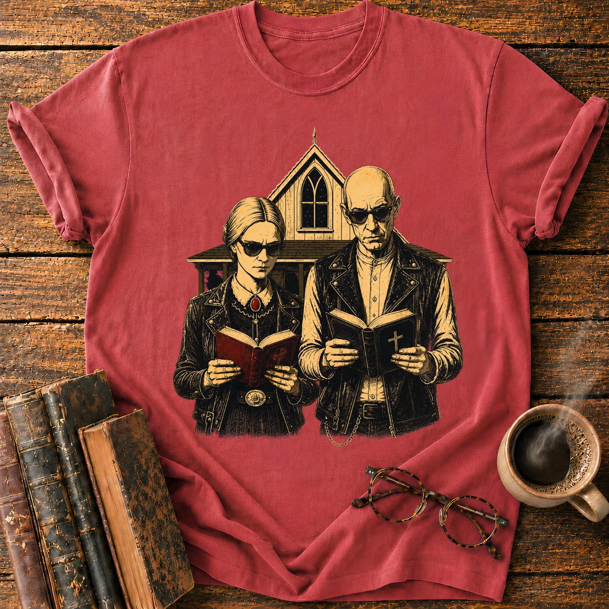 Gothic Couple Reading at the Chapel T-Shirt