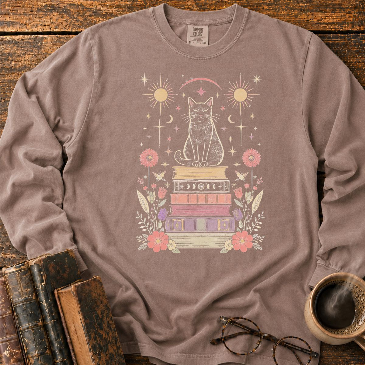Celestial Black Cat Book Stack LS T-Shirt