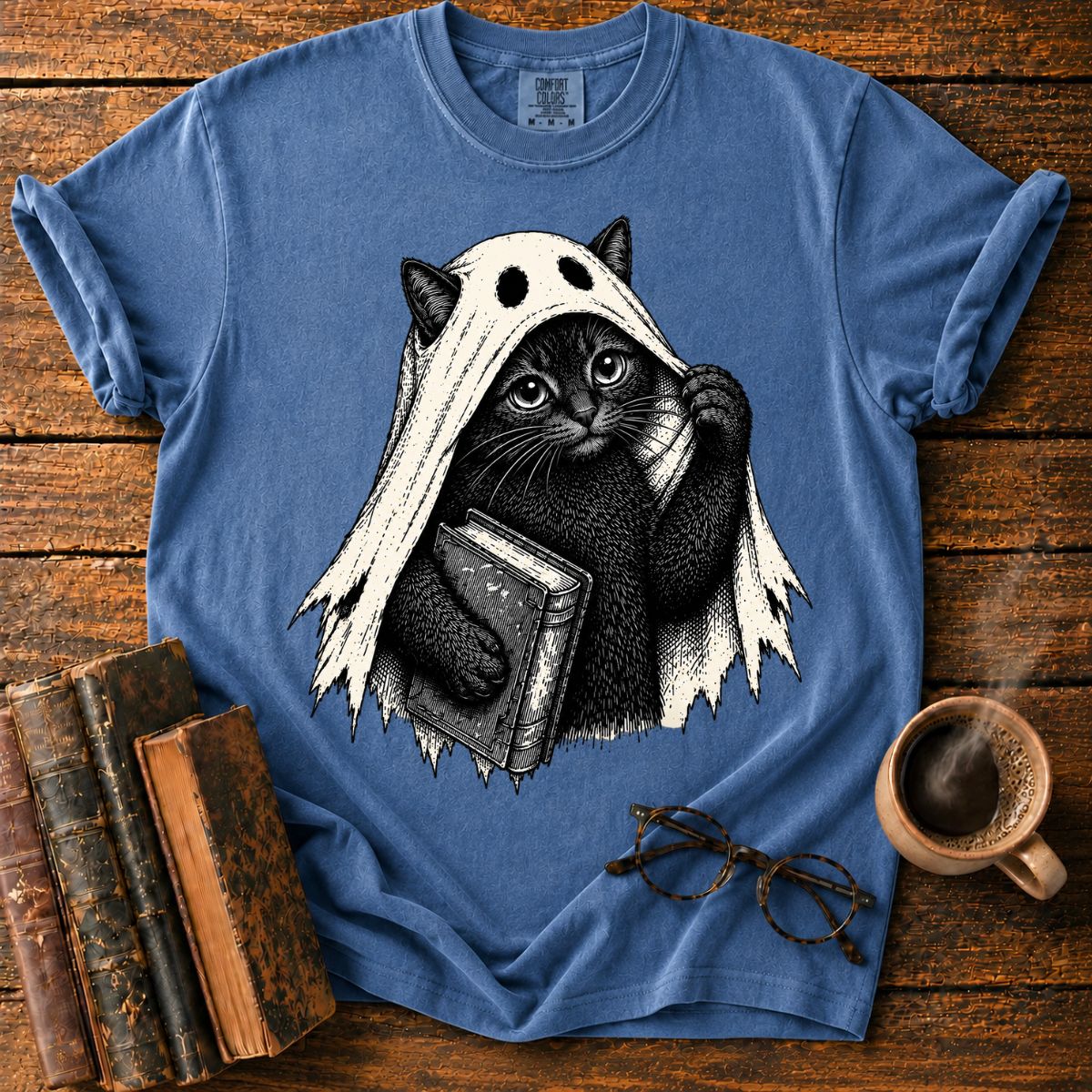 Ghost Black Cat with Haunted Book T-Shirt
