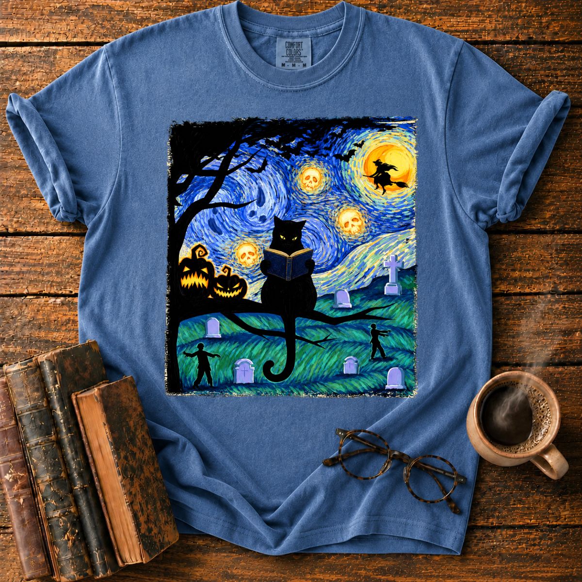 Black Cat Reading Under Skull Moon T-Shirt