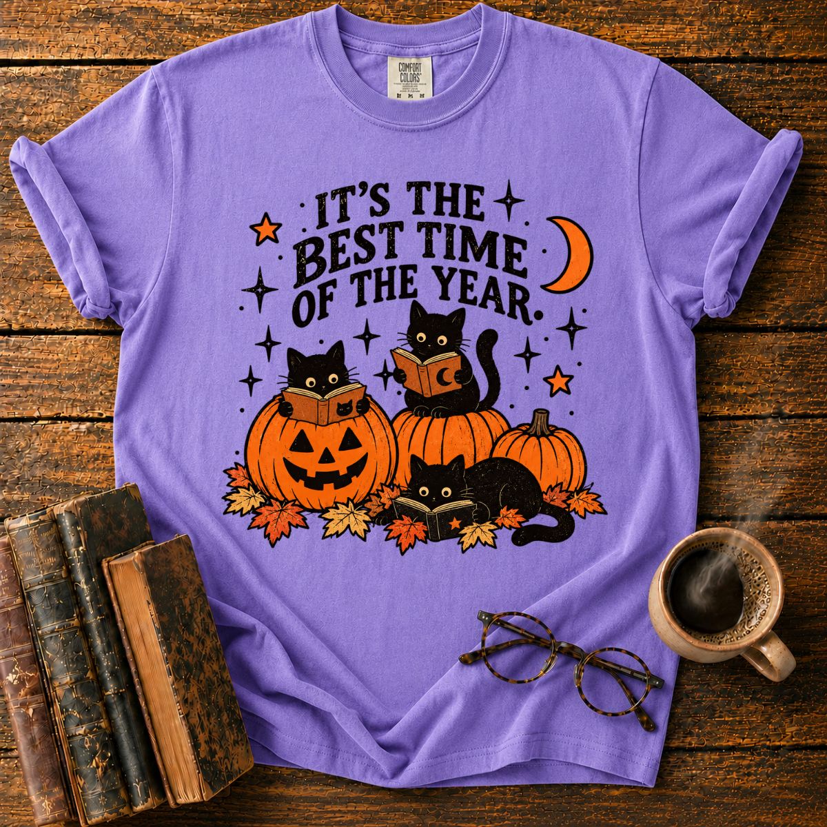 Black Cats Reading Pumpkin Halloween T-Shirt