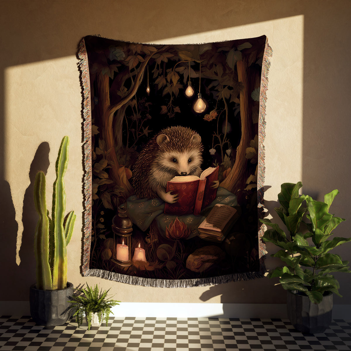 Hedgehog Reading Woven Throw Blanket