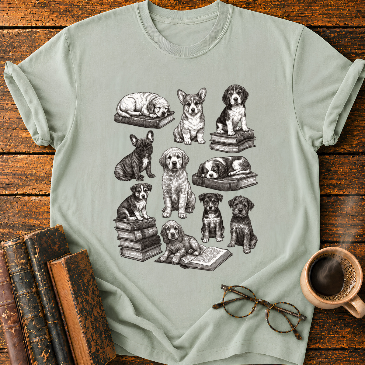 Vintage Puppy Bookworm Collage T-Shirt
