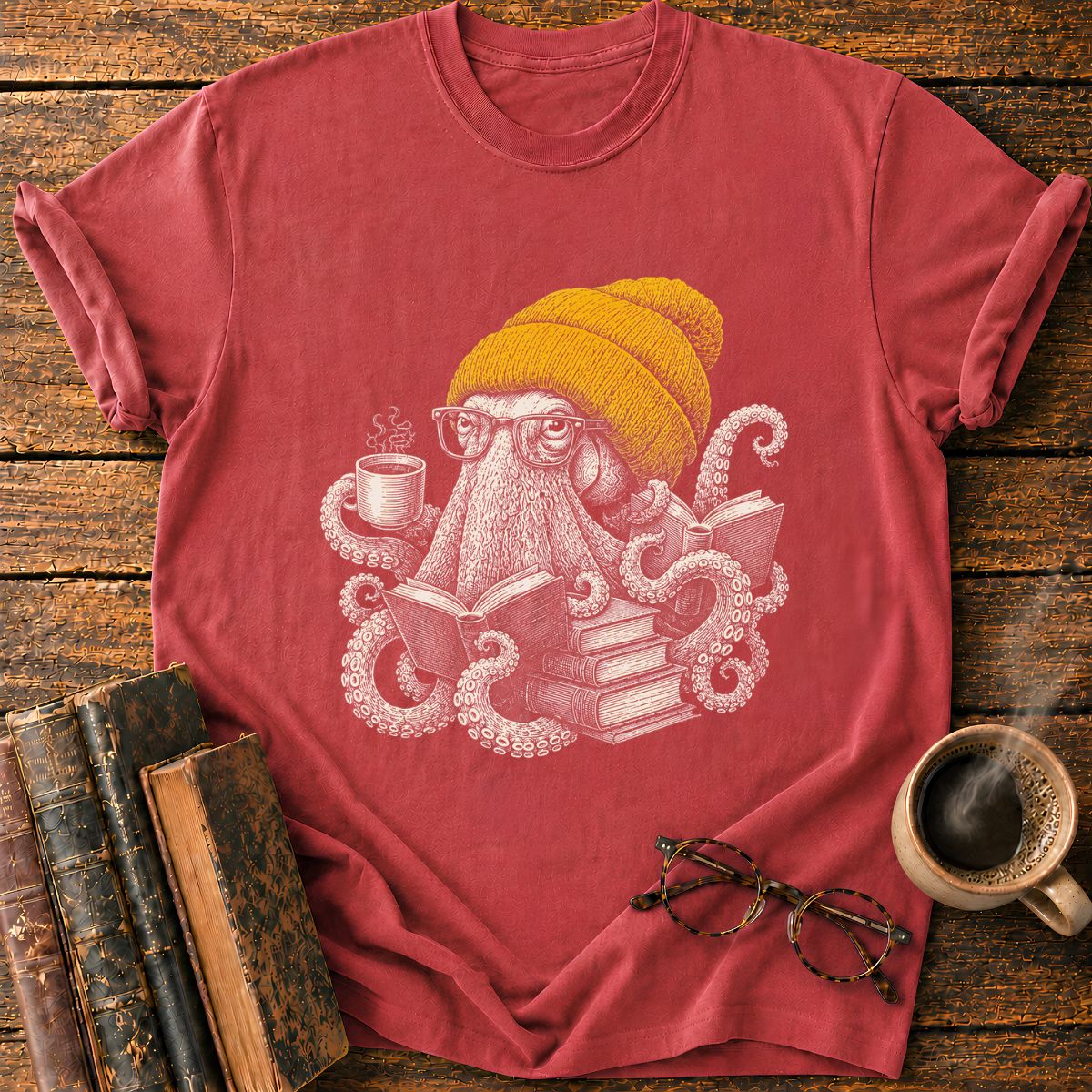 Octopus with Coffee and Books T-Shirt