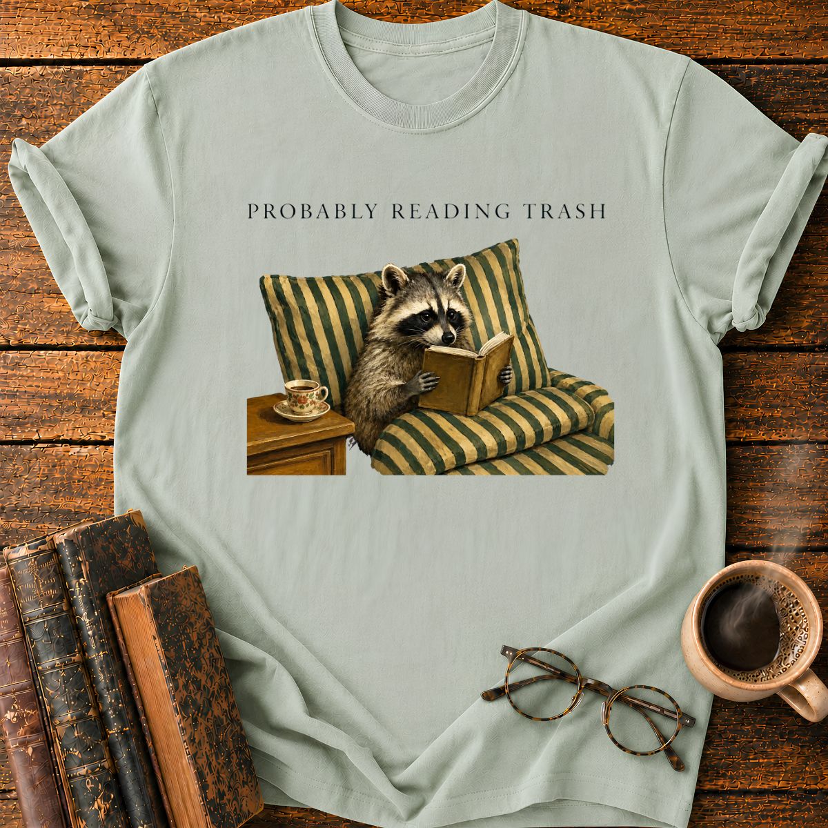 Raccoon Reading in Striped Comfort T-Shirt