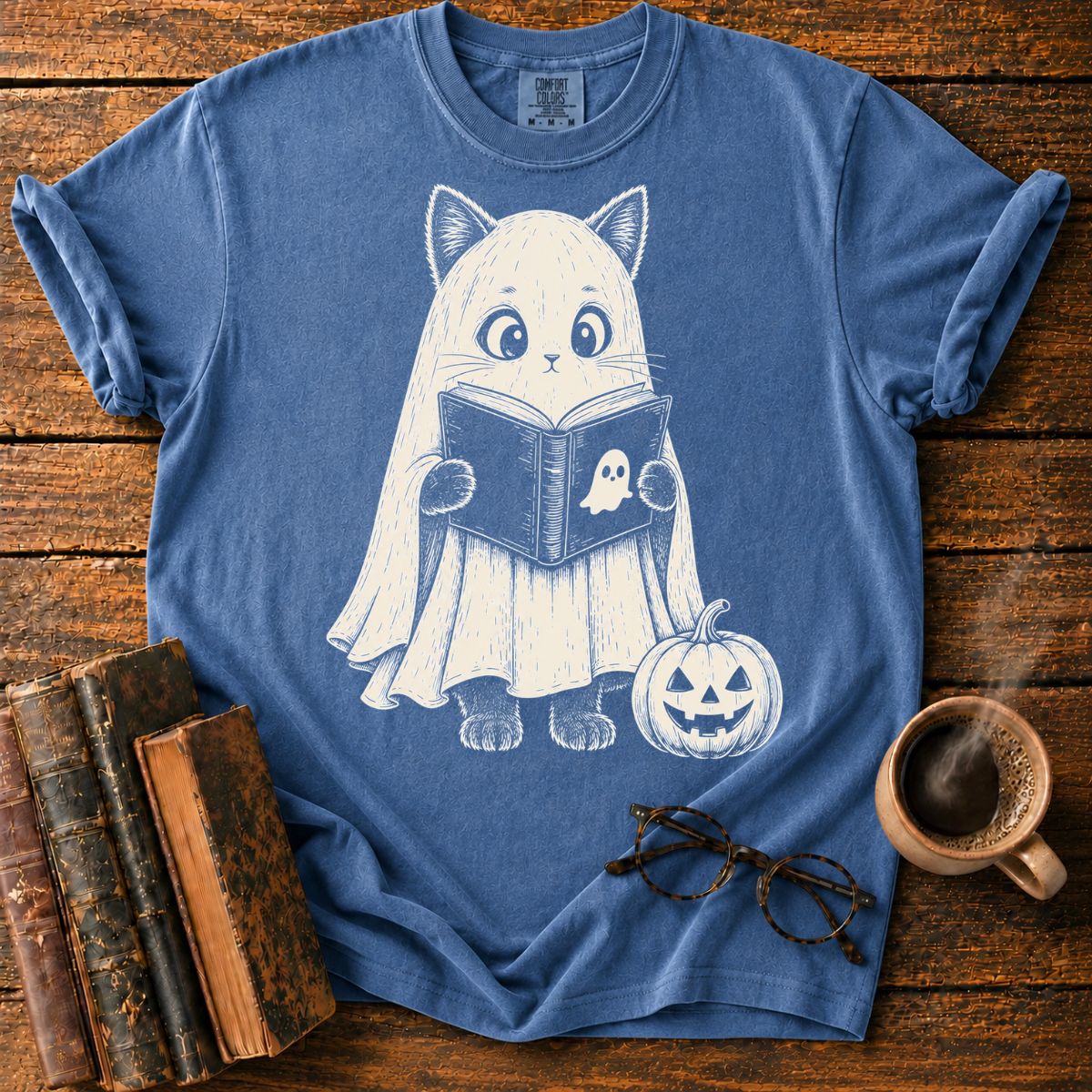 Ghost Cat Reading by Pumpkin T-Shirt