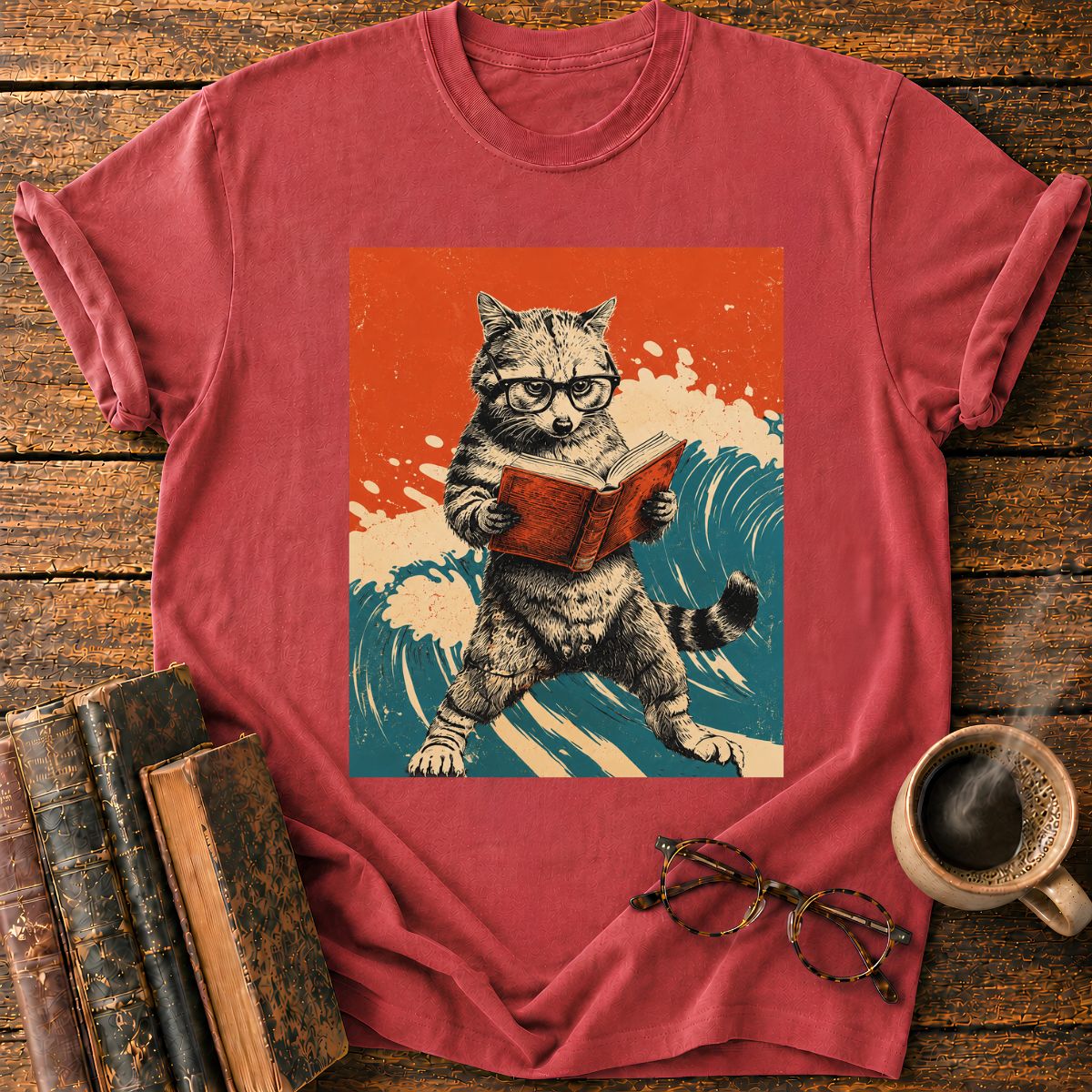 Vintage Cat Reading By The Sea T-Shirt