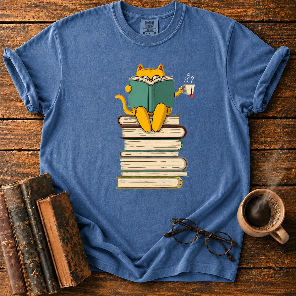 Cat Reading Atop a Tower of Books T-Shirt