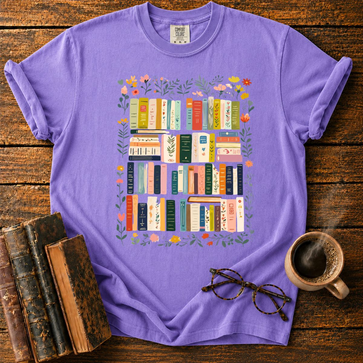 Floral Wreath Around Bookshelves T-Shirt
