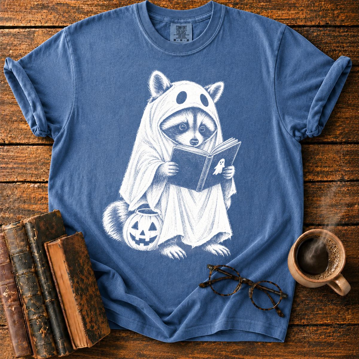 Ghostly Raccoon Reading by Pumpkin T-Shirt
