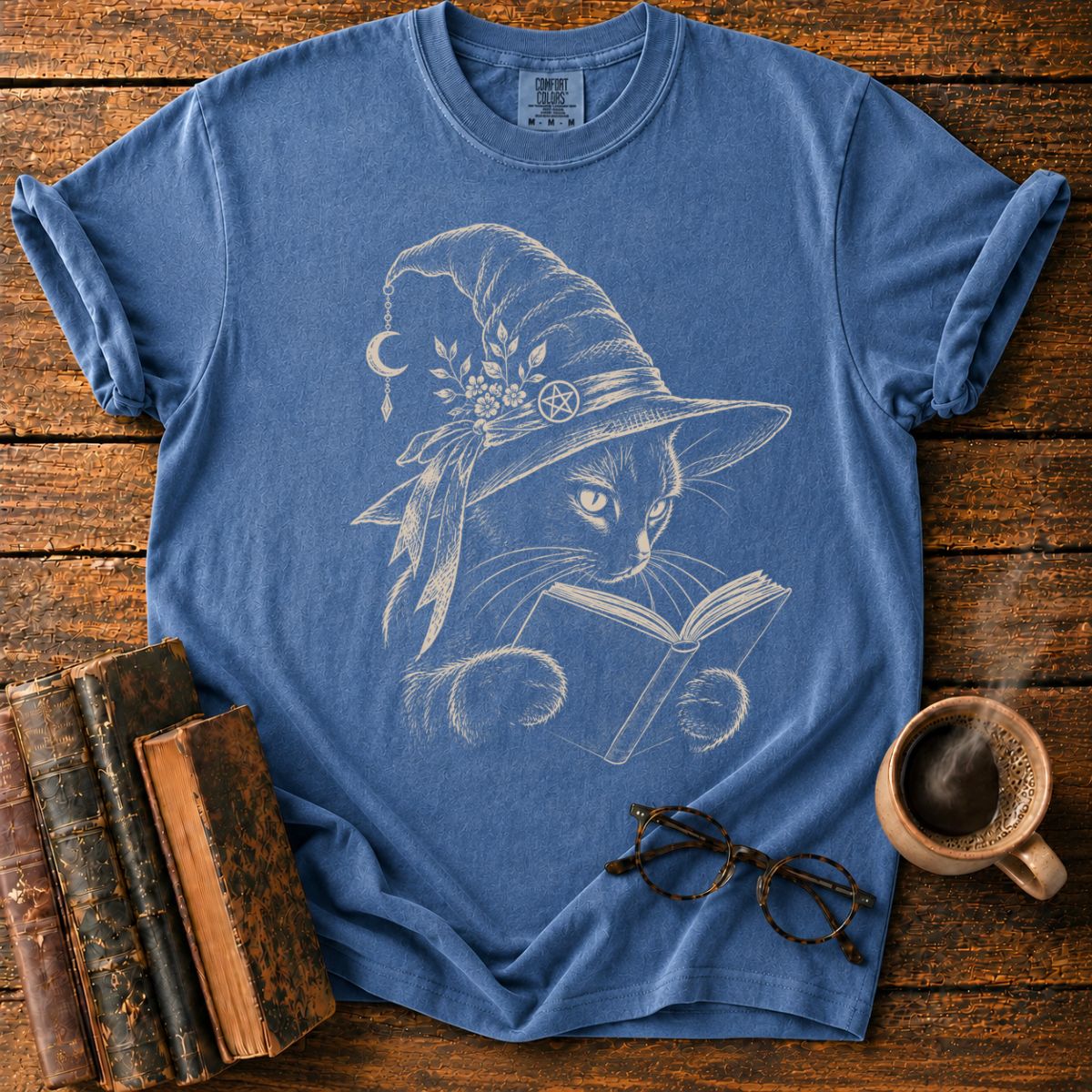 Witchy Cat Reading Under Moonlight T-Shirt
