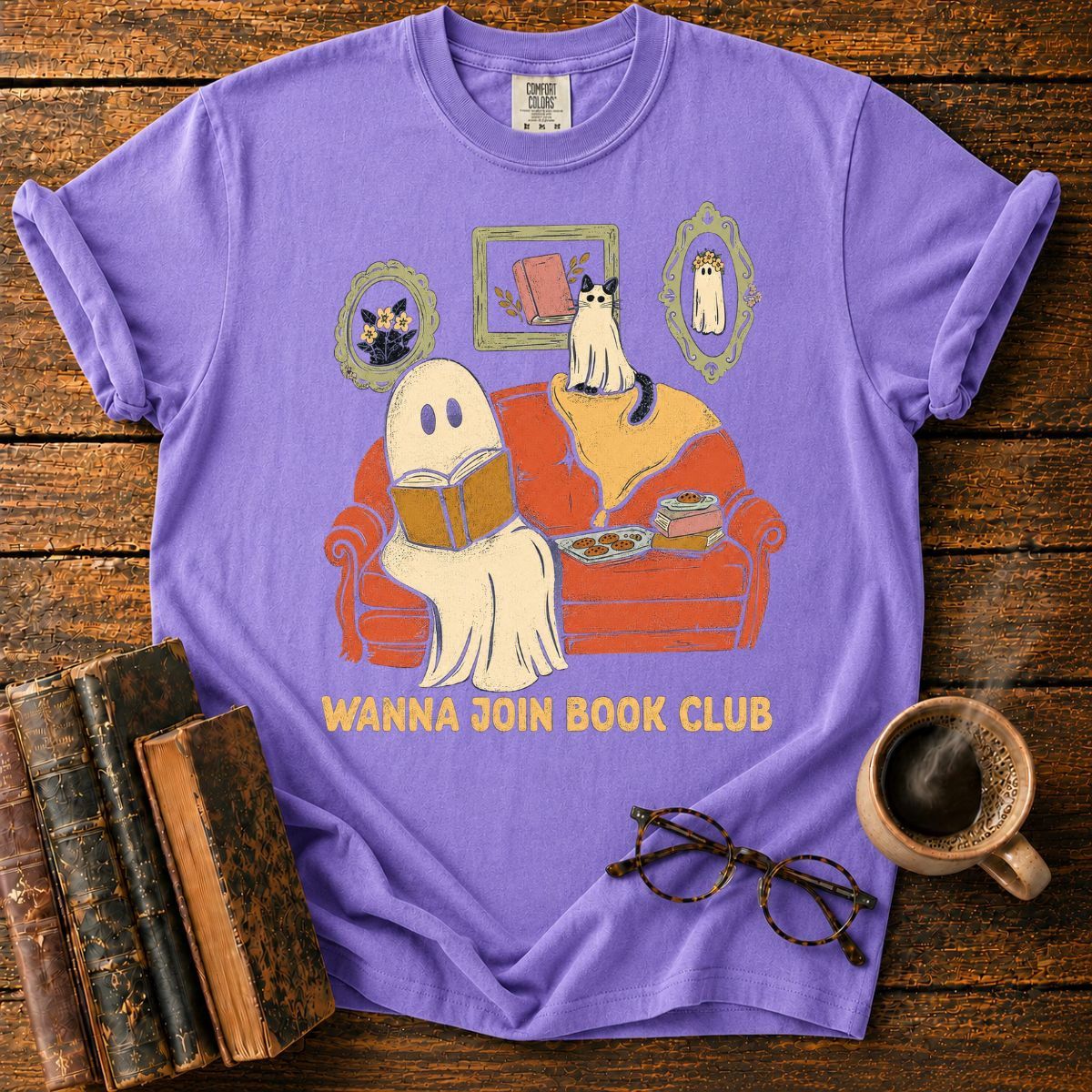 Cozy Ghost and Cat Book Club T-Shirt