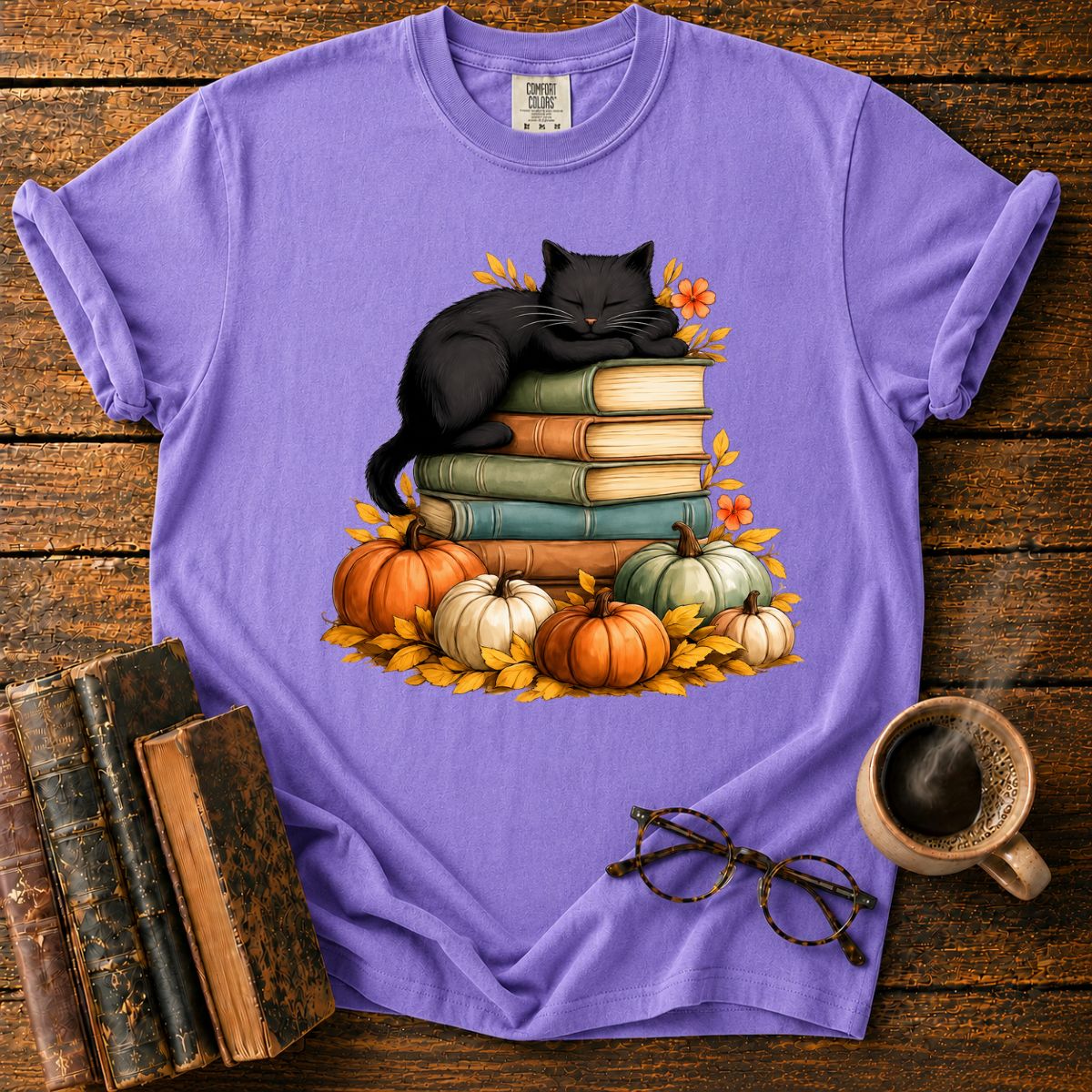 Black Cat Sleep On Books T-Shirt