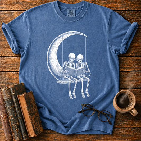 Skeletons Reading Beneath a Crescent Moon T-Shirt