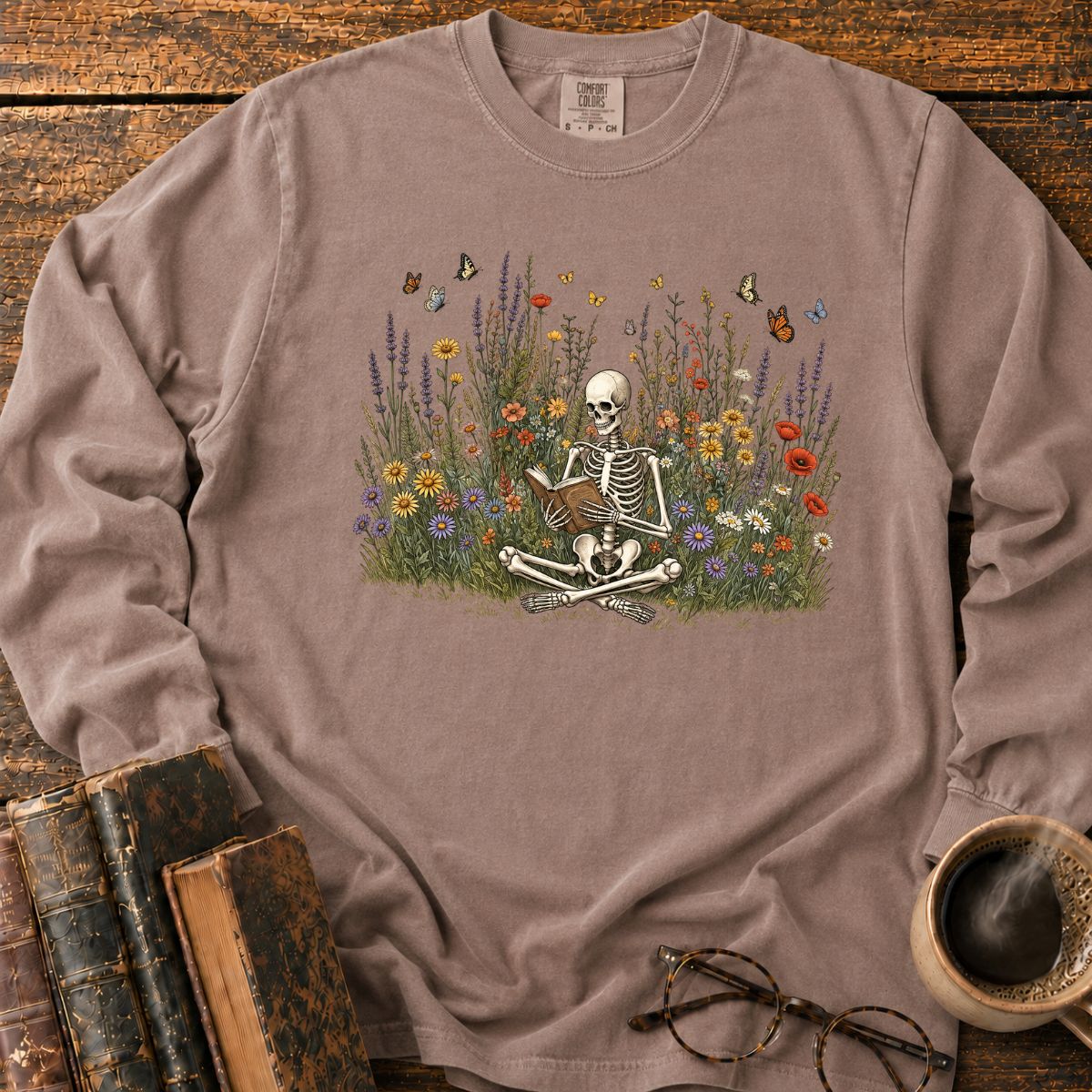 Skeleton Reading Wildflowers LS T-Shirt