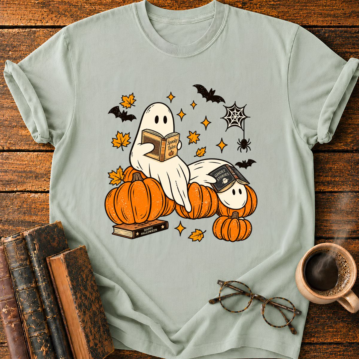 Ghost Reading A Book in Halloween T-Shirt