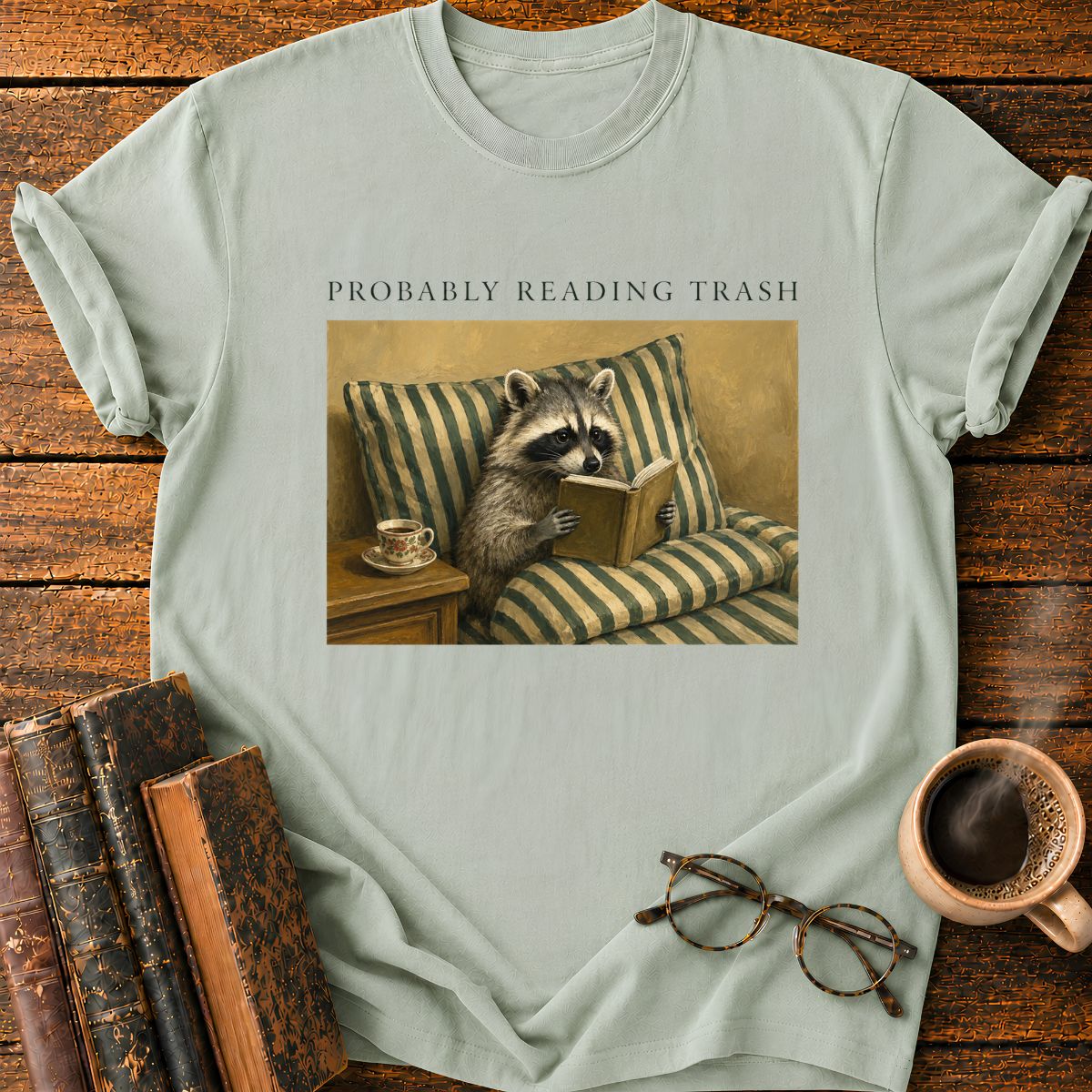Raccoon Reading in Striped Comfort T-Shirt