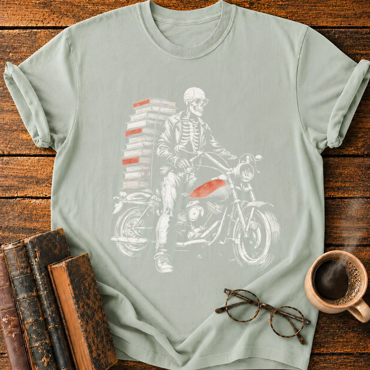 Skeletal Biker’s Tower of Books T-Shirt