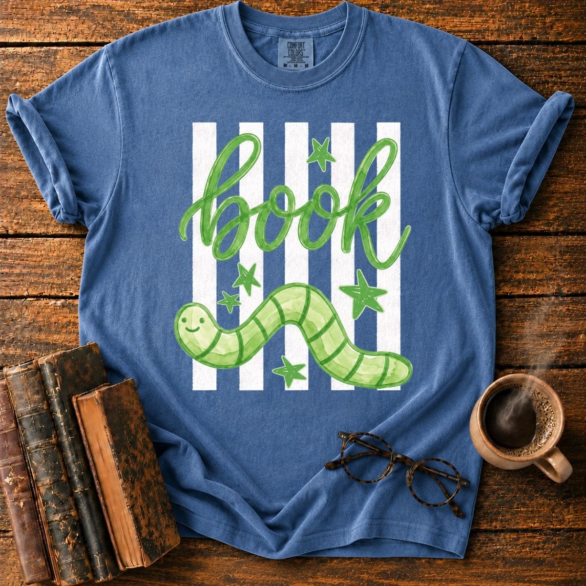 Green Bookworm on Pink Stripes T-Shirt