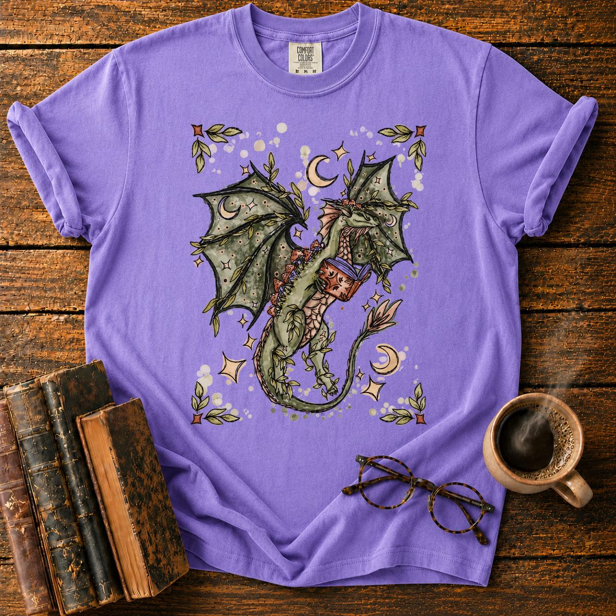 Whimsical Dragon Reading Among Stars T-Shirt