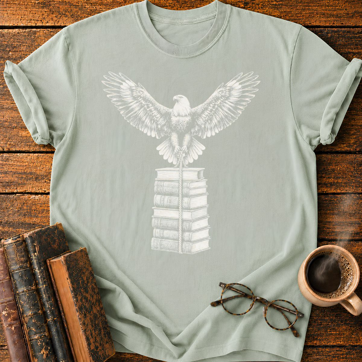Engraved Eagle Over Bound Books T-Shirt