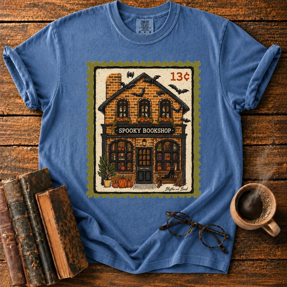 Spooky Bookshop Halloween Stamp T-Shirt