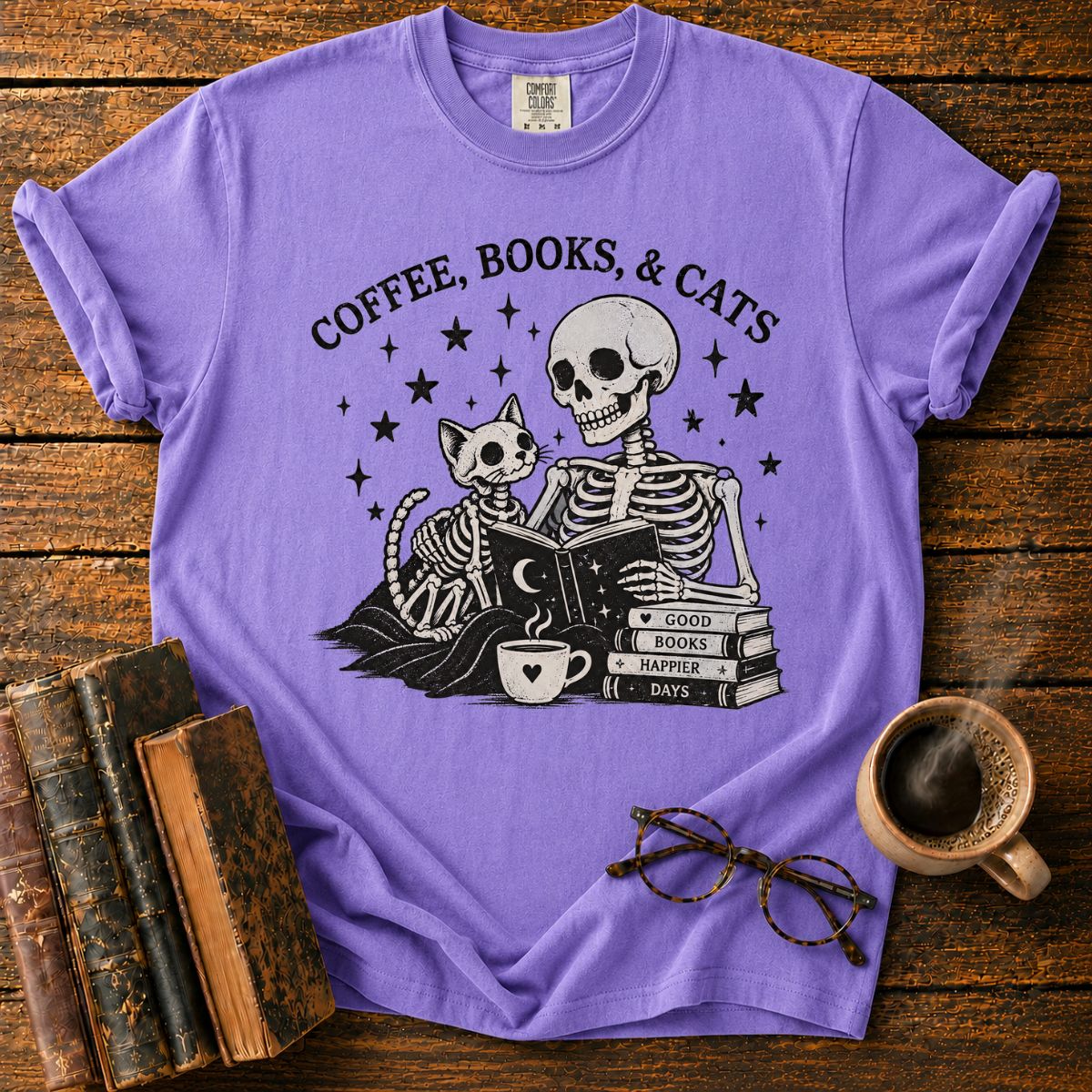 Coffee Books and Cats Skeleton T-Shirt