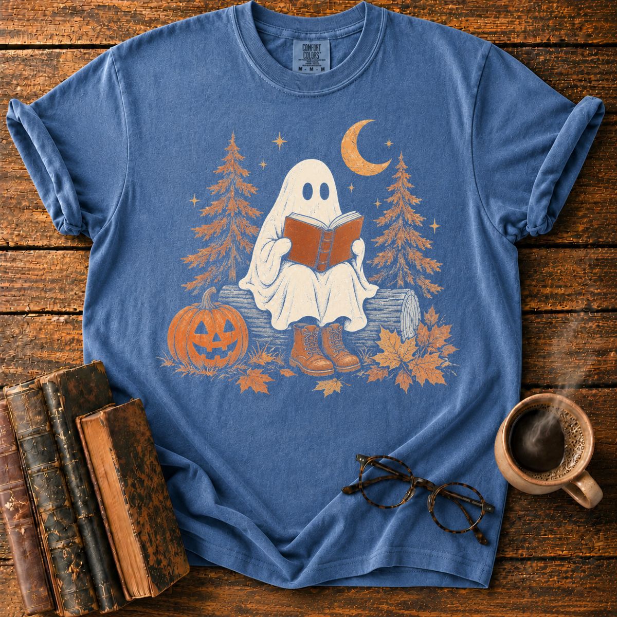 Cozy Ghost Reading Under the Moon T-Shirt