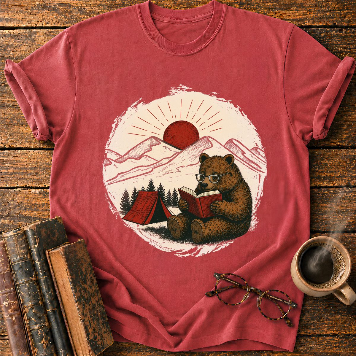 Vintage Camping Bear Reading Badge T-Shirt