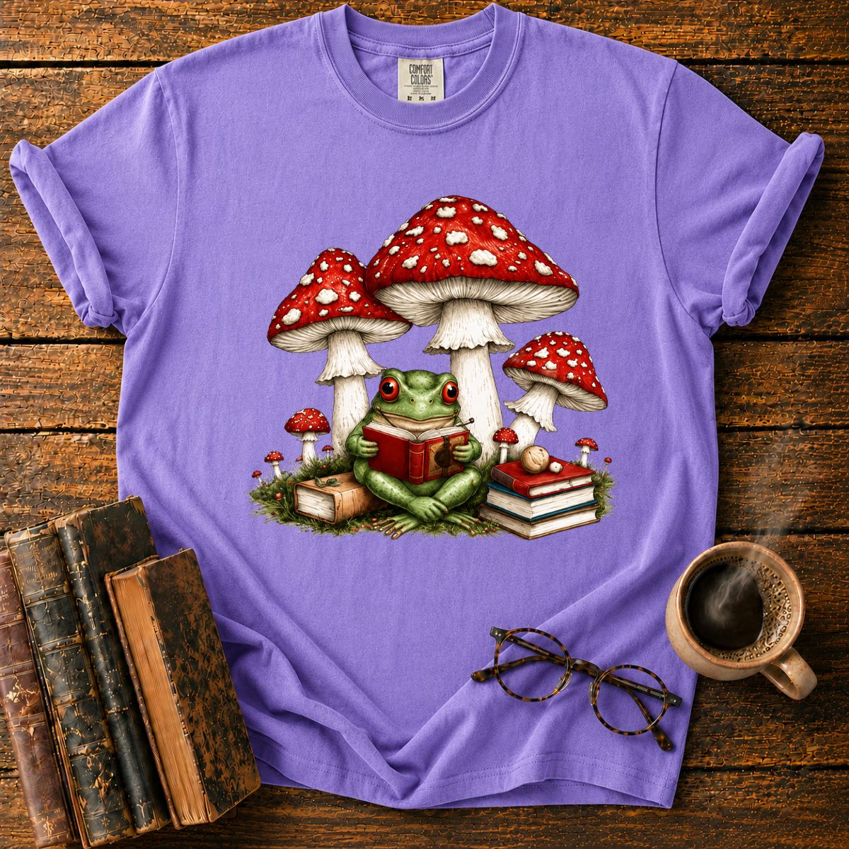 Frog Reading Beneath Mushroom T-Shirt
