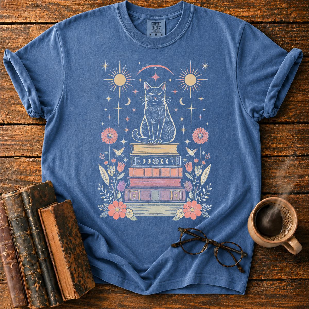 Celestial Black Cat Book Stack T-Shirt