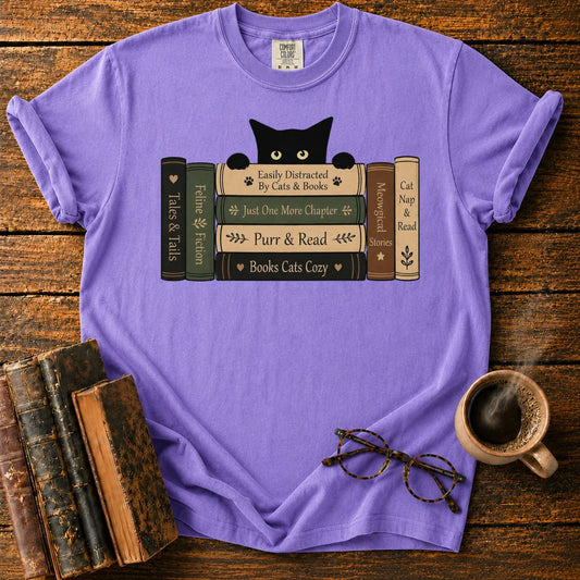 Curious Cat Peeking Over Books T-Shirt