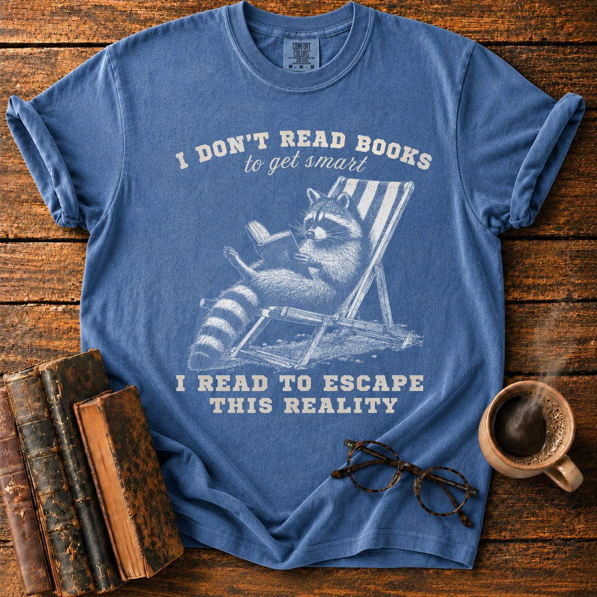 Raccoon Reading in Relaxed Escape T-Shirt
