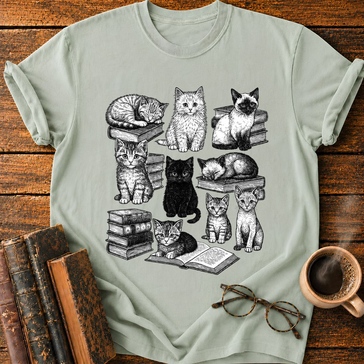 Vintage Puppy Bookworm Collage T-Shirt