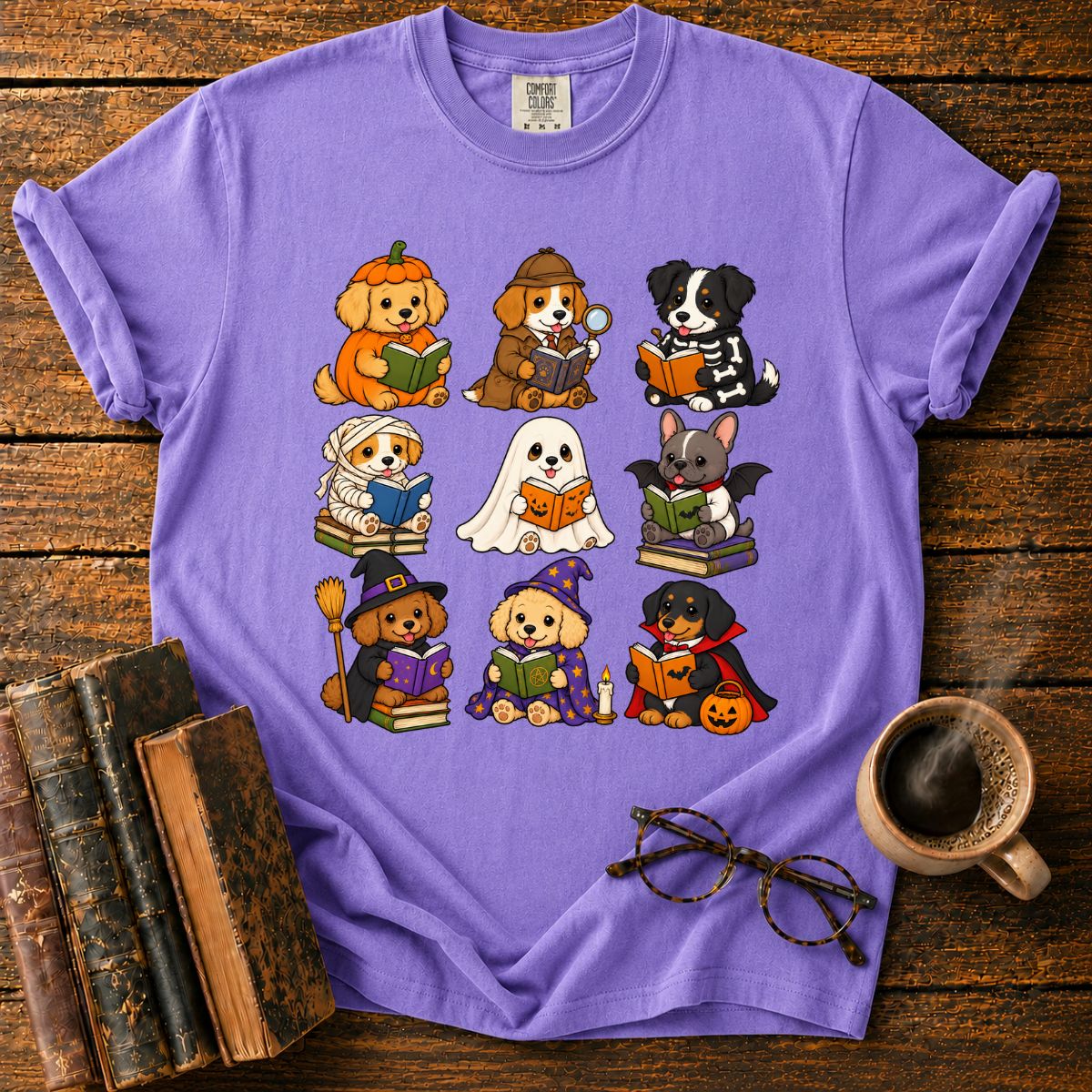 Kawaii Halloween Dogs Reading T-Shirt