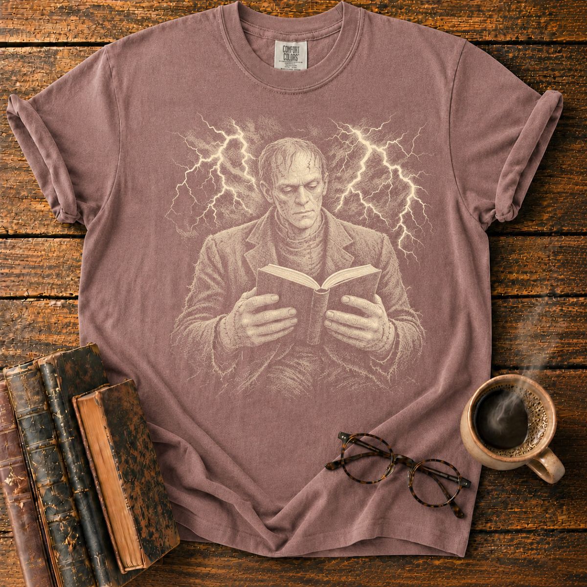 Frankenstein Monster Reading Lightning T-Shirt