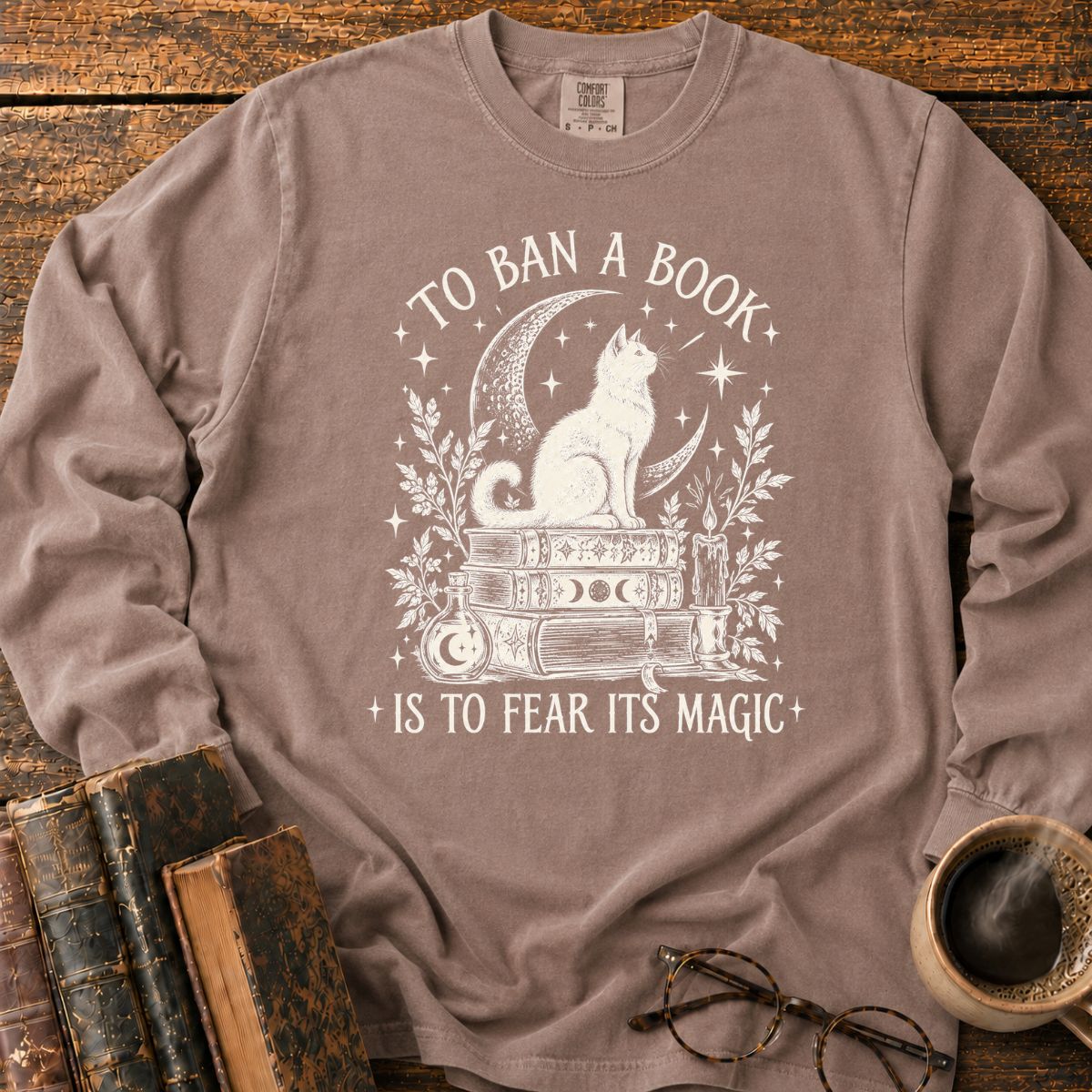 Mystical Cat and Book Magic LS T-Shirt