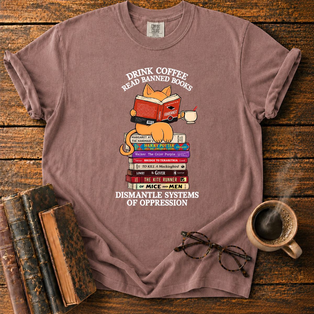 Cat Drink Coffee Read Banned Books T-Shirt