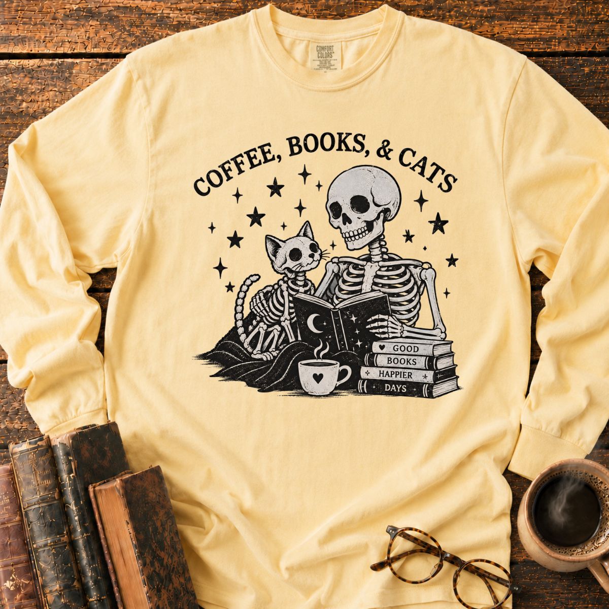 Coffee Books Cats LS T-Shirt