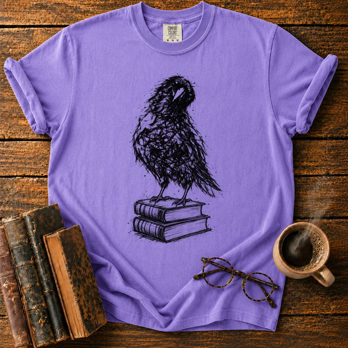 Ink-Crow Perched on Old Books T-Shirt