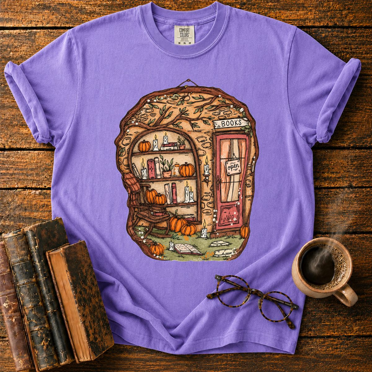 Whimsical Autumn Treehouse Bookstore T-Shirt
