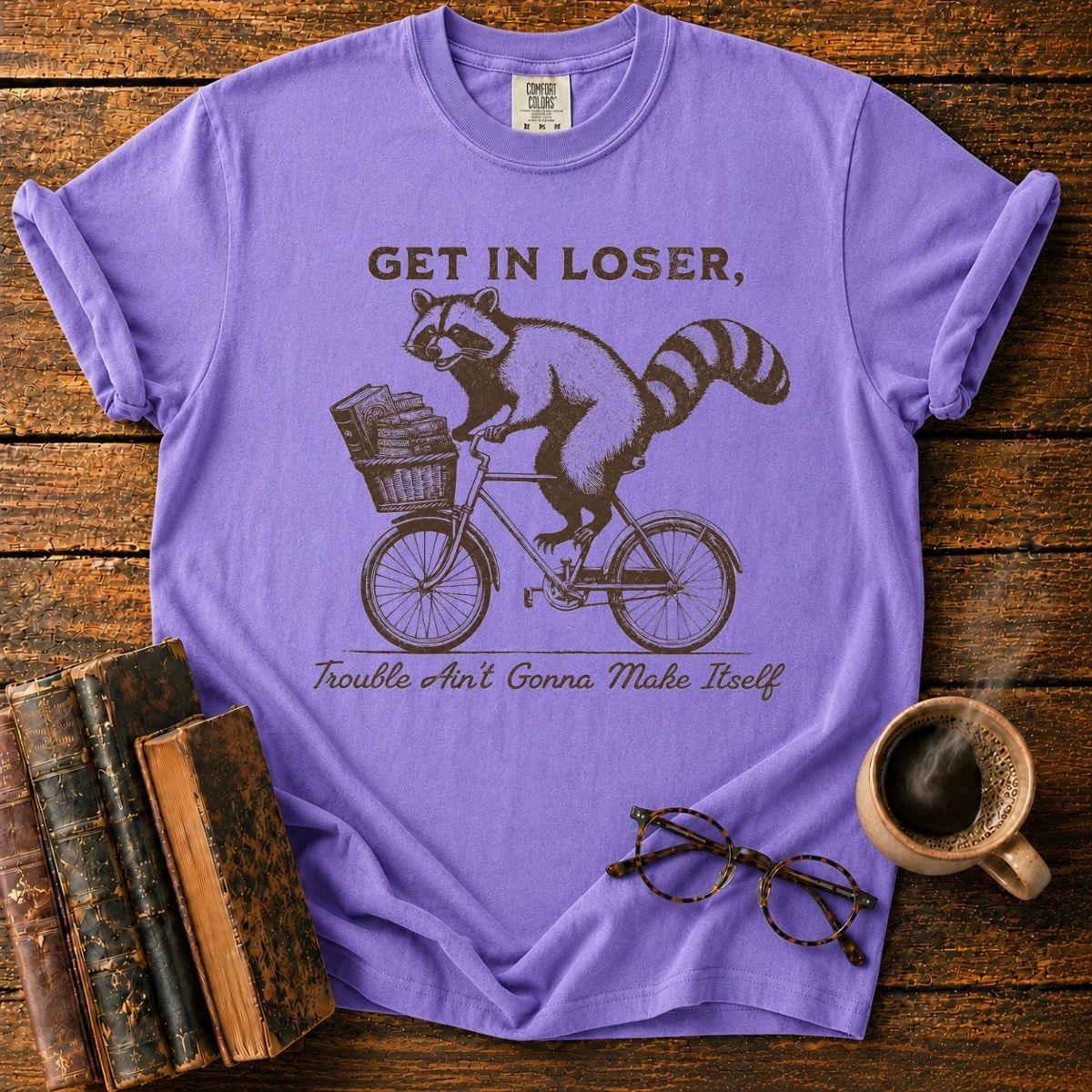 Raccoon’s Vintage Book Bike Ride T-Shirt