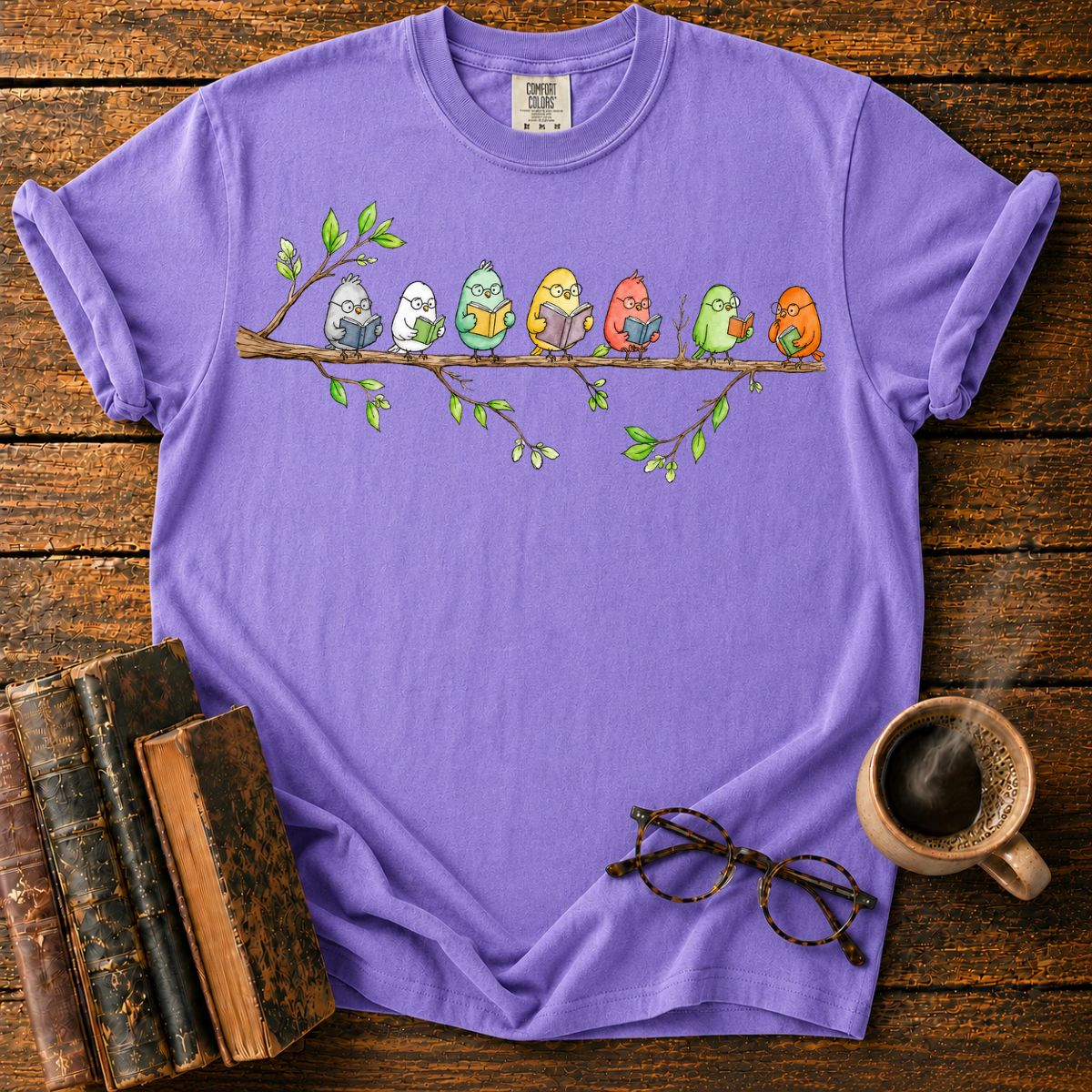 Seven Studious Birds on a Leafy Branch T-Shirt