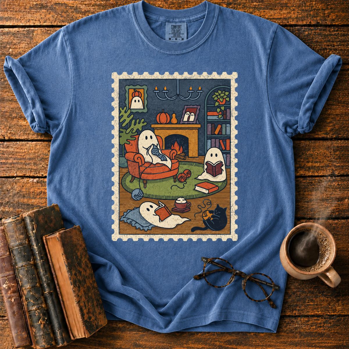 Cozy Ghost Reading Stamp T-Shirt
