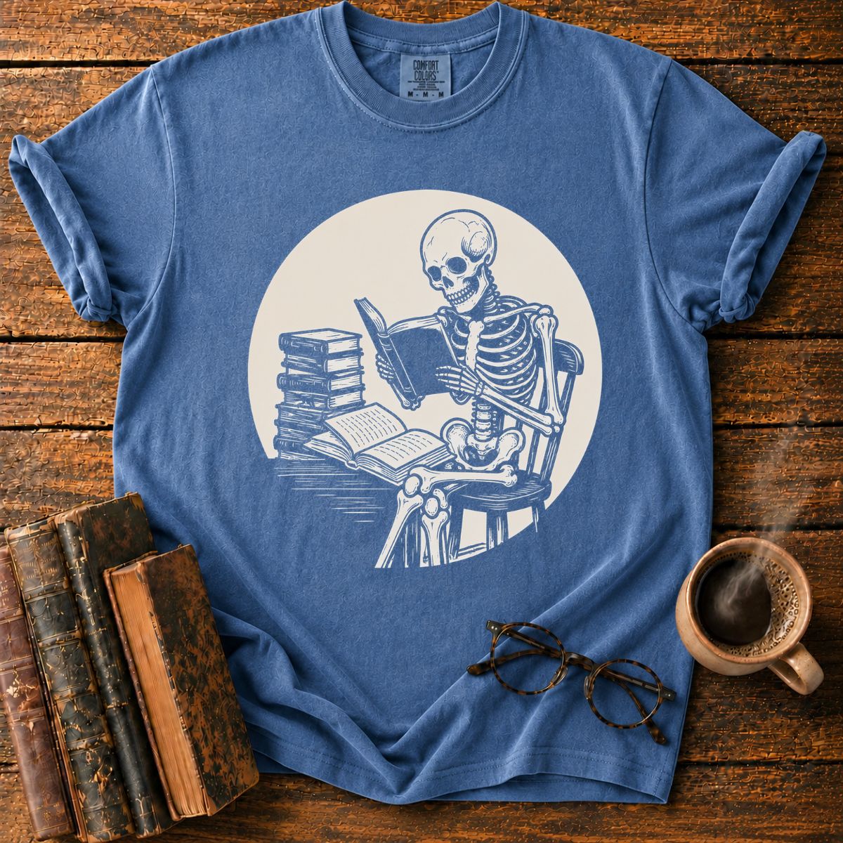 Skeleton Reading Under Moonlight T-Shirt