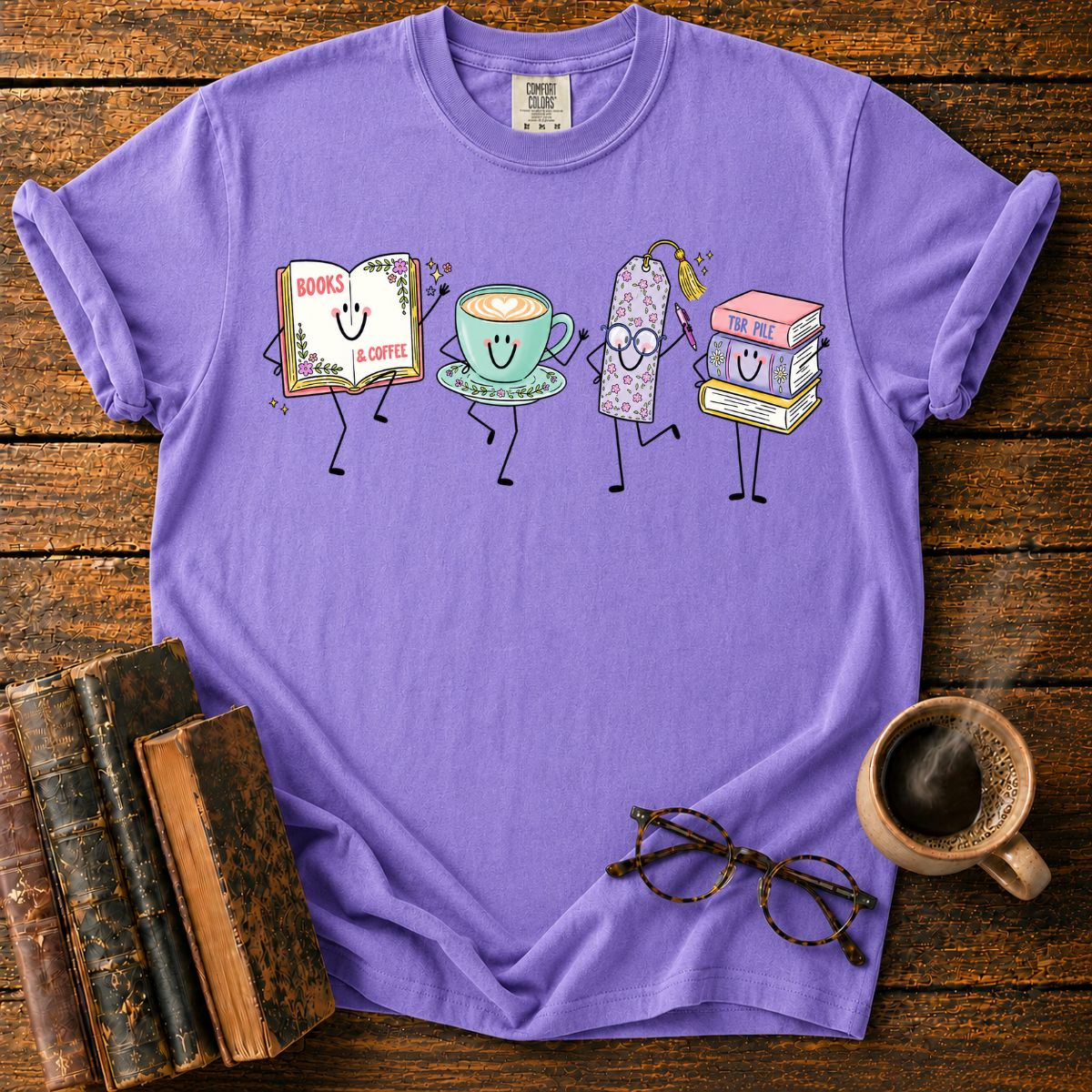 Books, Coffee, and Cheerful Bookish Friends T-Shirt
