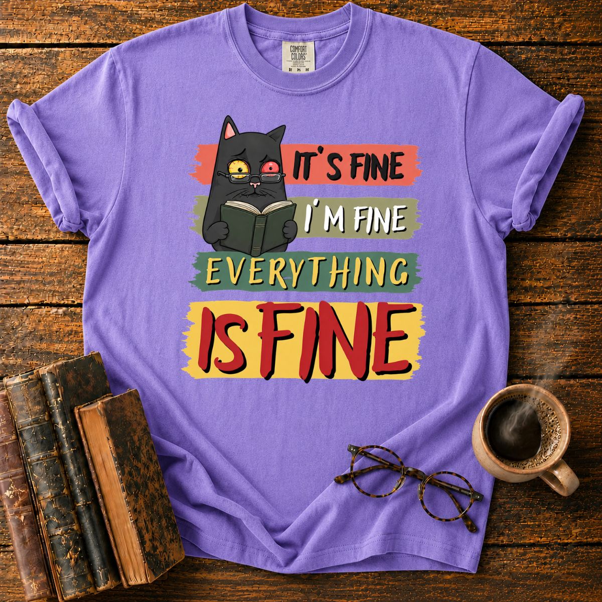Anxious Cat Reading_ Everything Is Fine T-Shirt