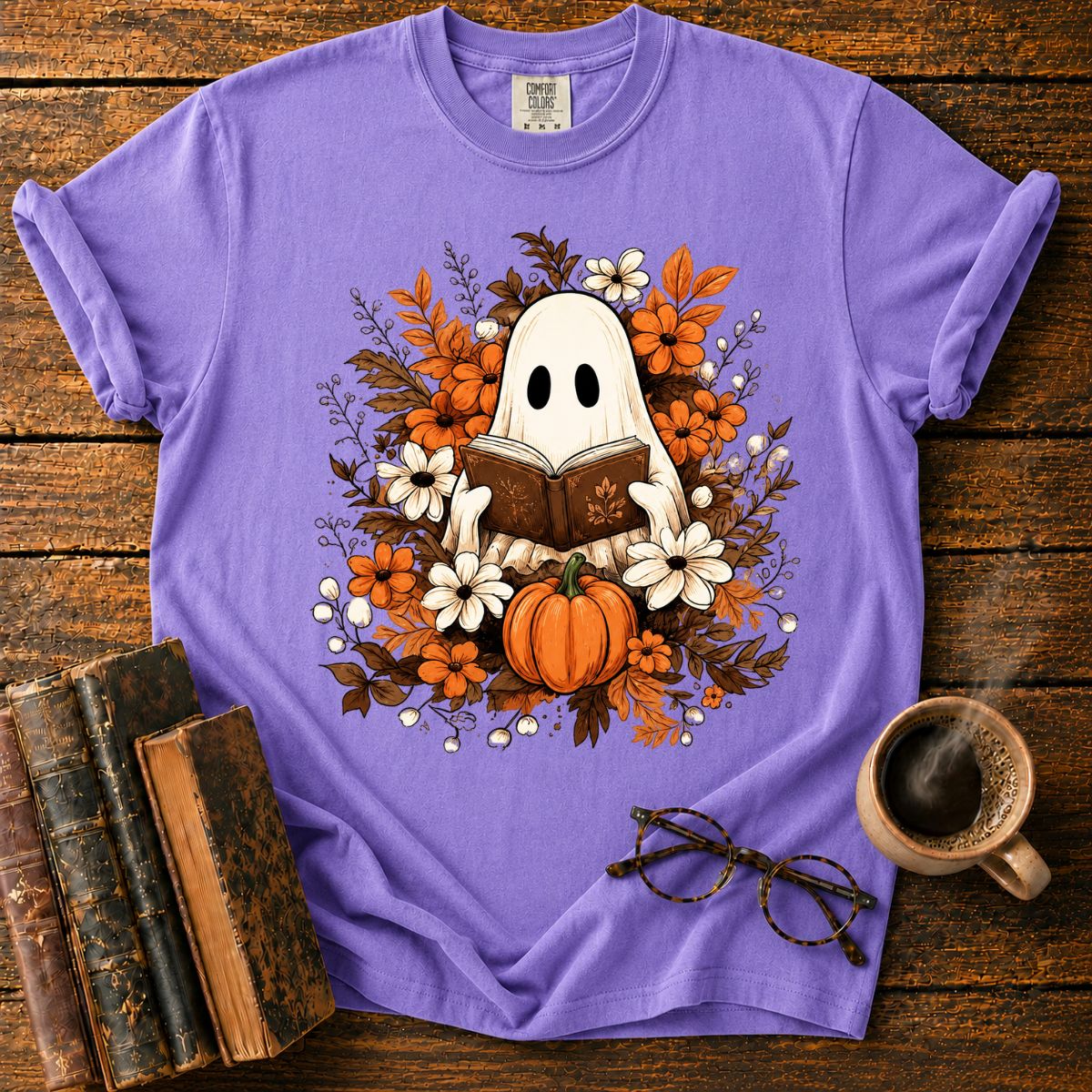 Autumn Ghost Reading in a Floral T-Shirt