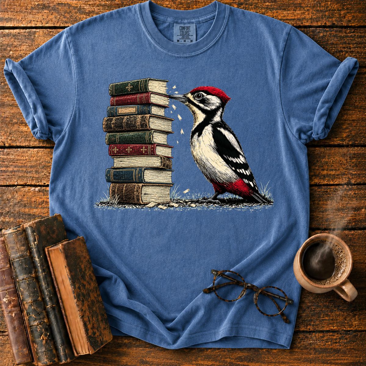 Woodpecker Pecks a Book Stack T-Shirt